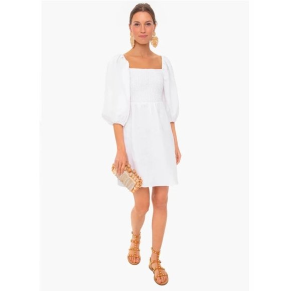 Tuckernuck Dresses & Skirts - Tuckernuck Smocked Dress 100% Linen Puff Sleeves White Small S, Large L NWOT New